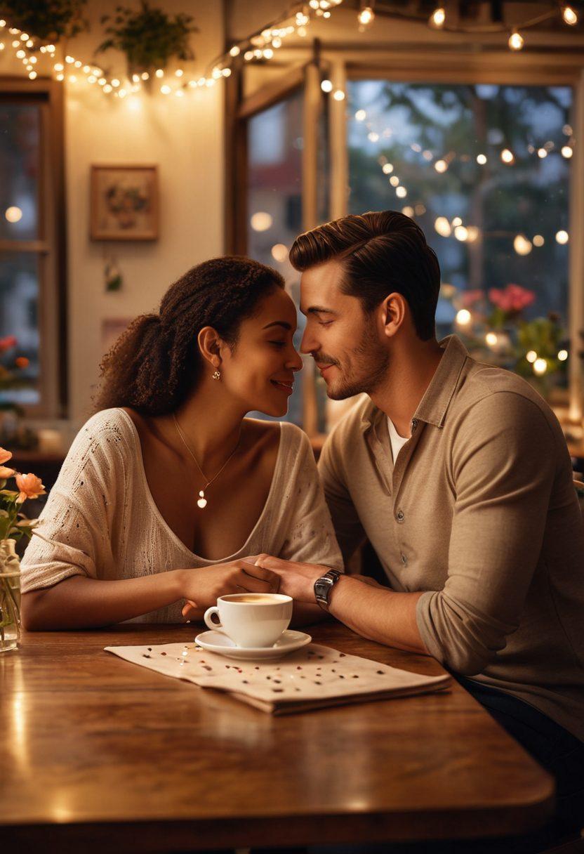 An enchanting scene depicting a couple sharing a deep, loving gaze amidst a backdrop of twinkling fairy lights in a cozy cafe. Soft, warm colors and gentle lighting enhance the intimate atmosphere, with subtle hints of nature like blooming flowers on the table. The couple should represent diversity, showcasing modern relationships. Include elements like steaming cups of coffee and a heart-shaped drawing on a napkin. super-realistic. warm tones. cozy ambiance.