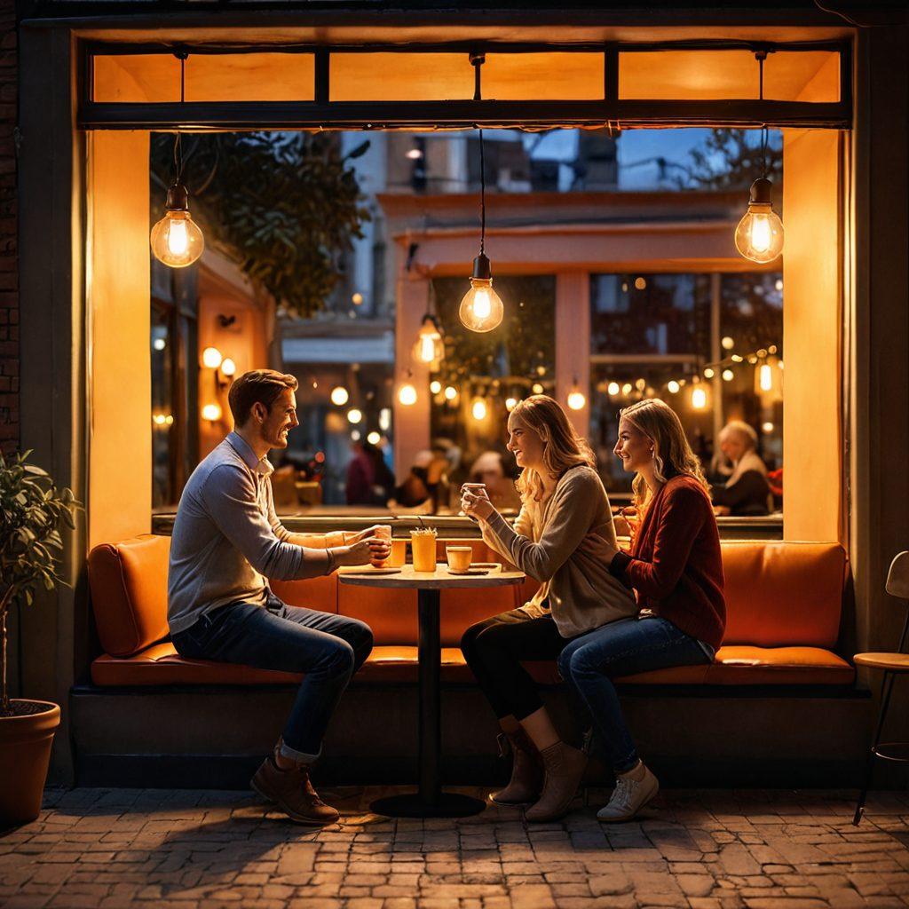 A cozy café setting with two people engaged in a lighthearted conversation, surrounded by warmth and laughter. Romantic elements include soft lighting, gentle gestures, and subtle heart motifs in the background. A glimpse of a beautiful sunset outside the window symbolizes the evolution of their relationship from flirting to deep connection. soft-focus, warm tones, inviting atmosphere, romantic style. vibrant colors.