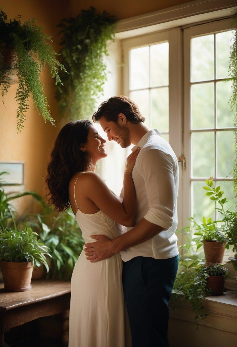 A warm, inviting scene of a couple sharing a tender moment in a cozy, softly lit room adorned with lush plants and intimate decor, showcasing their connection through shared laughter and gentle touches. The background features hints of nature peeking through the windows, symbolizing growth and nurturing love. Focus on emphasis of emotions and warmth. vibrant colors. soft-focus.